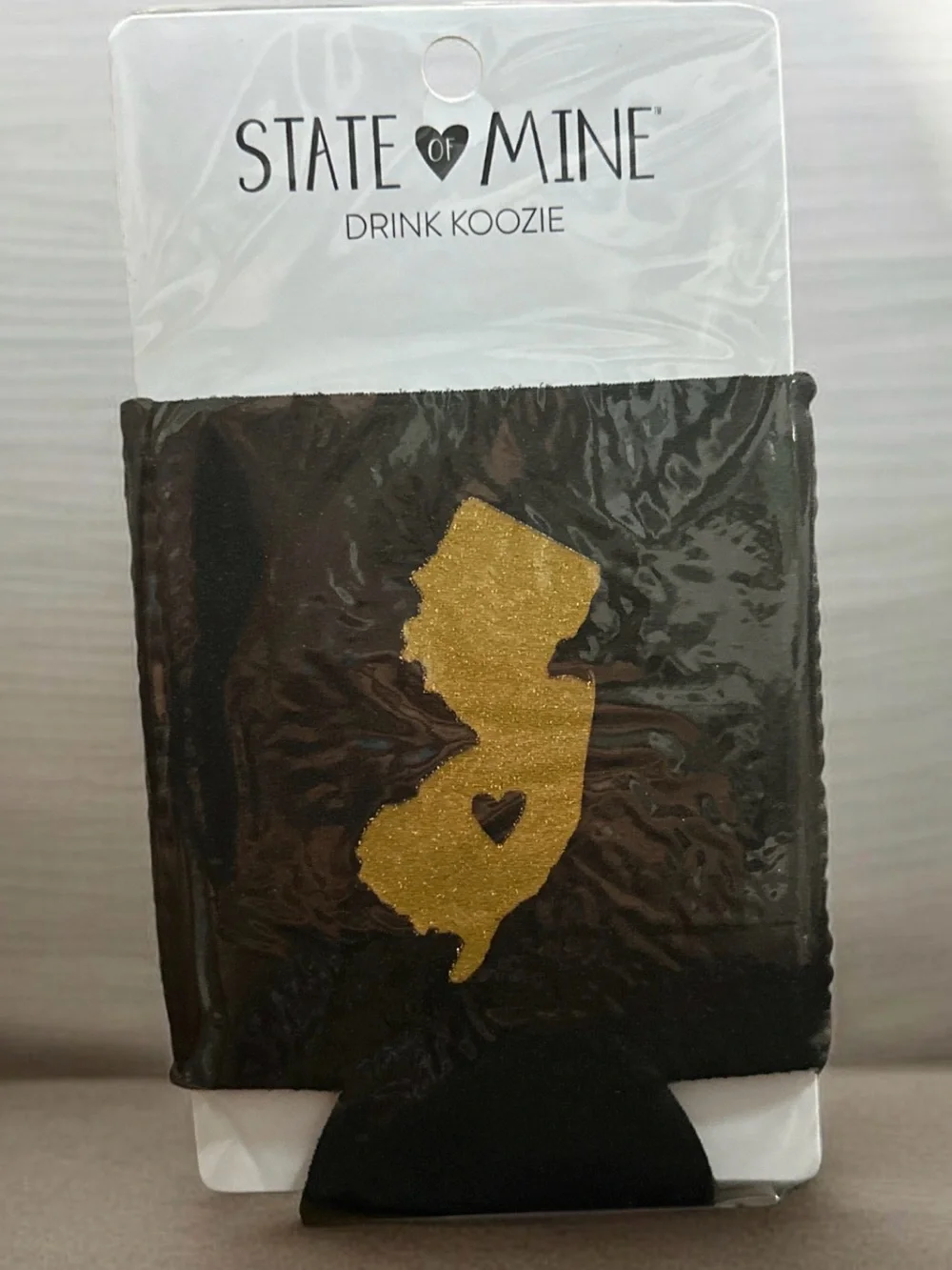 State of Mine Black Drink Koozie with Gold New Jersey Silhouette 1485